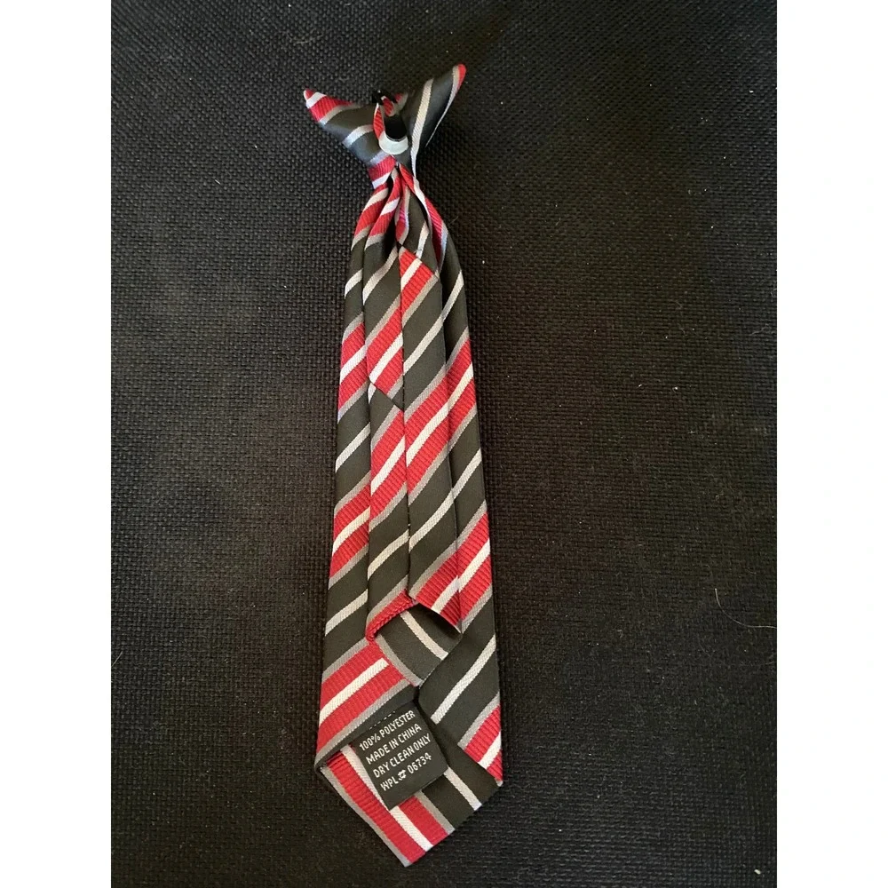 Boys Red Black Grey Striped Clip-On Necktie Formal Dress 100% Polyester